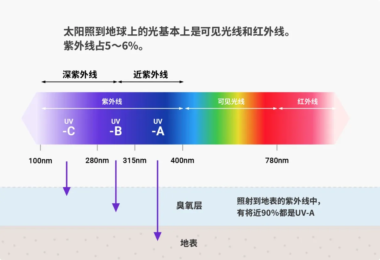 太阳照到地球上的光基本上是可见光线和红外线。紫外线占5~6%。